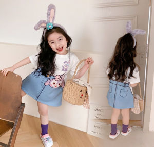 Dress for kids girls loose fake two-piece short-sleeve T-shirt dress Korean cartoon clothing