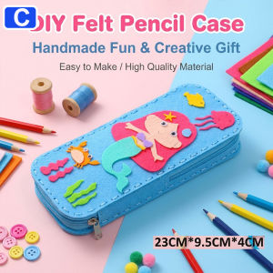 DIY Cartoon Non-Woven Fabric Pencil Box Craft Kit for Kids Safe Sewing Stationery Box Making Set with Safety Needle Nylon Zipper Adhesive Patches Parent Child Classroom Handmade Activity Toy Birthday Gift