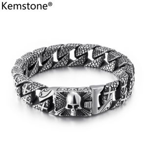 Kemstone 316L Titanium Steel Punk Skull Silver Gold Plated Link Bracelet Jewelry for Men