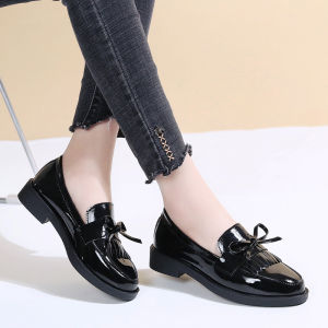 Korean round toe school shoes for women thick sole glossy leather shoes elegant bow knot tassel doll shoes