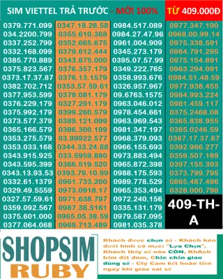 Sim Viettel 09 Trả trước đẹp chính hãng -Chọn số - Nghe gọi Nhắn Tin 4G Chưa Kích hoạt Chưa đứng tên ai và chưa làm bất cứ dịch vụ nào Sim gói cước Tomato và kèm theo nhiều gói 4G hấp dẫn đồng giá 409.000đ - Shopsim Ruby