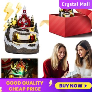Holiday Resin Garden Ornament with Musical Lights Christmas Village Figurines for Home Decor