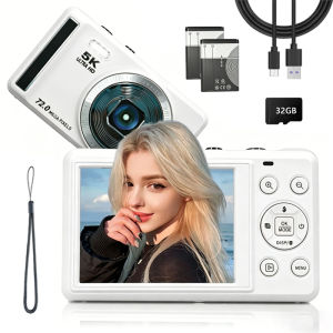 5K Ultra HD Digital Camera 72MP Portable CCD Vintage Camera with Fill Light Digital Zoom Compact Vlogging Camera For Student Beginner Travel Photography Come With 32GB Memory Card & 2 Batteries