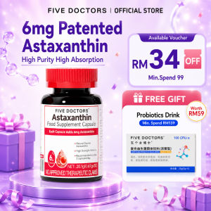 [HALAL] Five Doctors Natural Astaxanthin 6mg from Red Algae Advanced Antioxidant for Skin Whitening UV Protection & Anti-Ageing 30 Softgels
