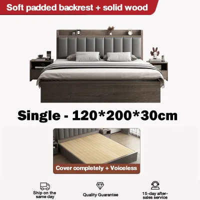 GOLDEN Solid Wood Bed Frame With Headboard Soft Package Super Single/Queen/King Bed Kayu Asli Wooden Bed Katil Rangka实木床