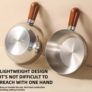 Stainless Steel Mini Sauce Pan Hot Milk Oil Cooking Small Pots Pan Wooden Handle Noodle Bowl Salad Bowl Kitchen Wooden Handle Pan Household Frying Pan