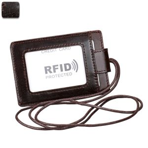 ID CARD HOLDER RFID PROTECTION GENUINE LEATHER LANYARD NAME TAG GANTUNGAN TEMPAT KARTU KULIT - WL083