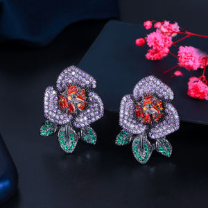 SEQUITO European Style Ladies Ear Jewelry Black Gold Plated Full Pave Colorful AAAAA Cubic Zirconia Retro Big Flower Drop Long Party Earrings SE841