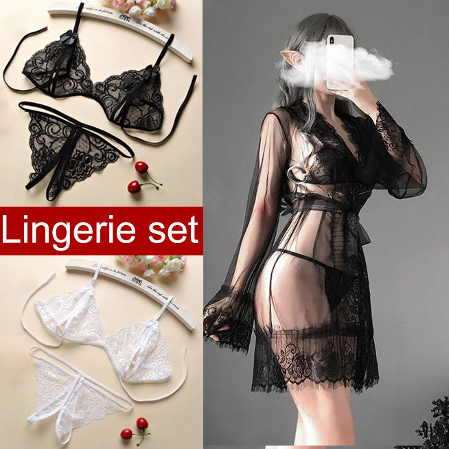 lazada sexy lingerie Sexy Lace Nightdress & Lingerie Set - Floral Sheer Bra, Large Size, French  Push Up main image 1