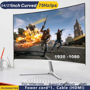 UNI PC gaming Monitor 27 inch curved monitor 24 desktop ips White computer Frameless 75hz 1080P with HDMI VGA Free Flicker Low Blue Light Second Monitor Support Wall Hanging for PC Home Office