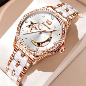 JSDUN 8962 Women Fashion Mechanical Watch Gift Round-dial Ceramic Watchband Wristwatch