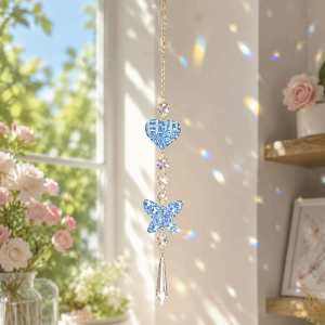 KIDS HOME Heart-Shaped Crystal Sun Catcher Hanging Ornaments Butterfly Rhinestone Wind Chime Vintage Beaded Lighting Crystal Pendant Garden