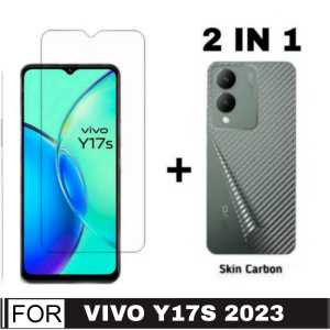 Promo Paket 2 in 1 Tempered Glass Vivo Y100 5G / Vivo Y200e 2024 / Vivo Y17s / Vivo Y27 4G /  Vivo Y27 5G 2023 / Vivo Y16 2022 Anti Gores Layar Bening + Garskin Carbon Transparan