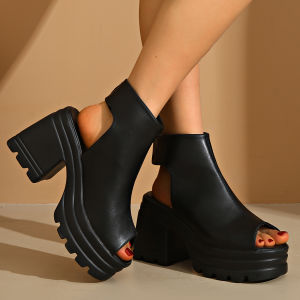 [Free Shipping] Summer Chunky-Heeled Open-Toe Roman Sandals For Women 2026 New Style Plus-Size With Velcro Straps And High Heels