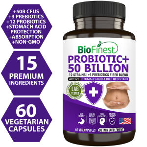 Biofinest Probiotic 50 Billion CFU Enzyme Supplement - 12 Probiotics Strains with 3 Organic Prebiotics - Stomach Acid & Bile Resistant - Slimming Diet Gut Digestion Eczema Detox Gas Bloating Constipation Relief - Acidophilus For Men Women (60 veg. caps)