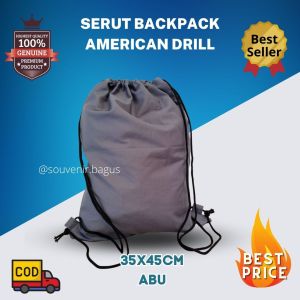 Stringbag Drill Drawstring Serut Backpack Sepatu Tas Punggung Tas Gym Sack Haji Umroh - Abu