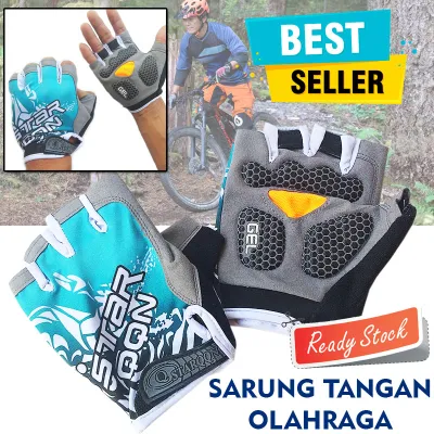 Sarung Tangan Olahraga dengan 3D Shockproof Gel Size L Half Finger Gym Anti Slip Sarung Tangan Motor Pria Sarung Tangan Sepeda Bersepeda Biker Cycling Riding Touring Berkendara Ojek Online Hand Protector Safety Sarung Tangan Pria s3544 - Blue