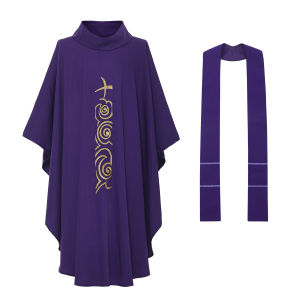 Church Purple Chasuble Cross Embroidered Priest Vestments Robe