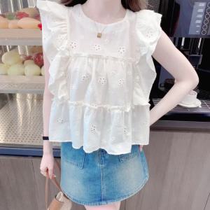 Ammin เสื้อสตรีผ้าฝ้ายแขนยาวสีขาวสำหรับผู้หญิงเสื้อเบลาส์หรูหราแบบสั้นคอกลมเรียบง่ายปักลายแฟชั่นสไตล์ฝรั่งเศสใหม่ฤดูร้อน2024