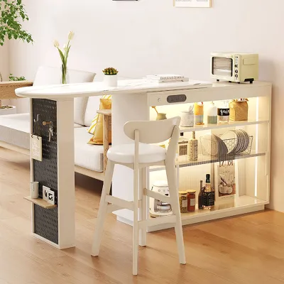 NKAHS Pre Order Cream Style Solid Wood Bar Counter with Sintered Stone Top Retractable Kitchen Island Cabinet Integrated Sideboard Buffet Cabinet Modern Minimalist Bar Table Space Saving for Small Home