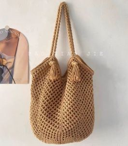 Model Korea berongga anyaman tas pantai liburan liburan tas bahu tas bahu genggam jaring ikan berkapasitas besar tas belanja