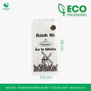 MFT1T2N - 24x9.5x4.5 cm - 1000 Túi bánh mì Trắng in sẵn họa tiết CỐI XAY GIÓ - Bao bánh mì Túi giấy thực phẩm an toàn