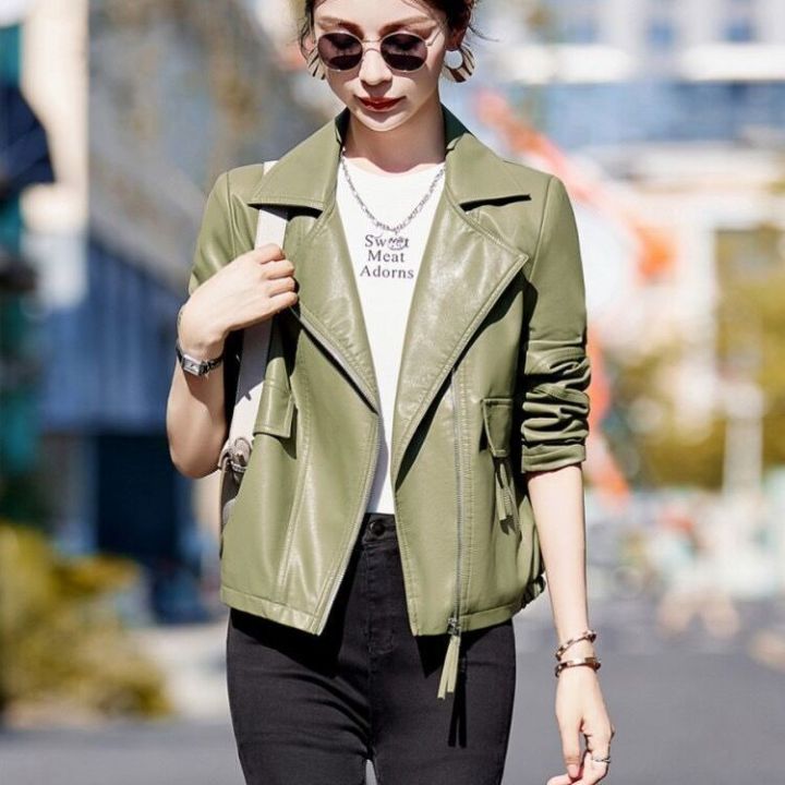 Green leather jacket for women in winter casual motorcycle wear