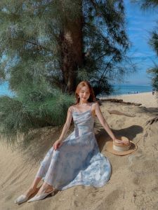 Đầm 2 Dây Maxi Voan Xanh Nhún Lưng Cực Xinh