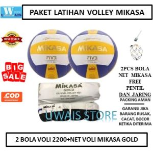 Paket Latihan Bola Volly Mikasa 2200 dan Net Volley Mikasa Gold - 2 Bola Voli MV2200 Super Gold - Official Pro Liga