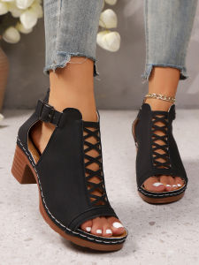 Free Shipping Summer New Style Chunky Heel High Heel Roman Fish Mouth Hollow Out Large Size 43 Buckle Strap Sandals