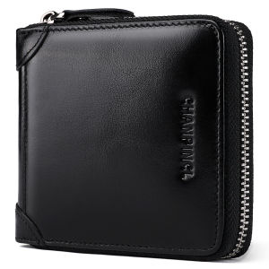 ≮923≯CHANPINCL Mens Italian Genuine Top-Grain Cow Leather Short Zipper Wallet – RFID Blocking & Gift