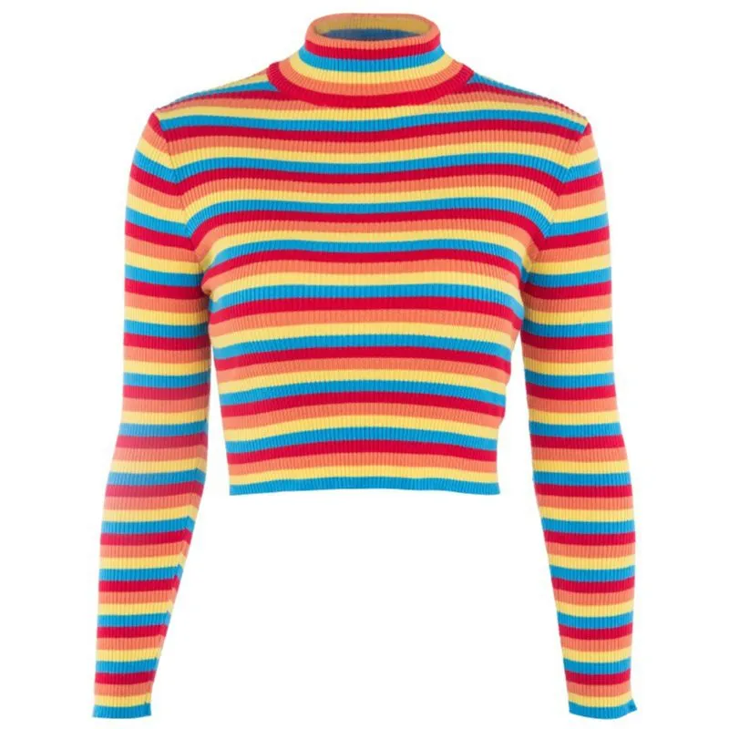 Womens Autumn Long Sleeve Turtleneck Sweater Colorful Rainbow Stripes Short  Crop Tops Bodycon Ribbed Knitted Basic Pullover Jumper