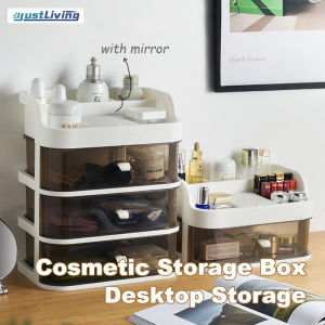 JustLiving Multi-layer Cosmetic Storage Box with Mirror Plastic Transparent Drawer Storage Rack Desktop Jewelry Storage Box Office Compartment Storage Shelf