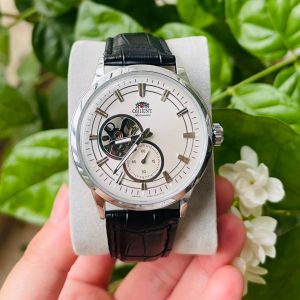 Đồng hồ nam Orient lộ máy dây da cao cấp mặt xanh trắng