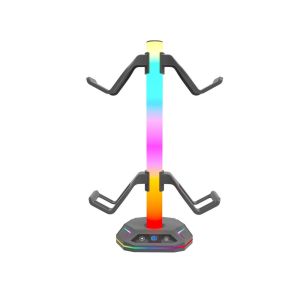 ZHAOCAIMAO Black RGB Earphone Hanger Data Transmission Dual USB Ports Headphone Bracket Multifunctional LED Lighting Gaming Headset Display Rack for Home