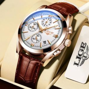 LIGE 2021 New watch for men Top Brand Luxury Fashion Casual Leather Waterproof Chronograph Analog Luminous watch men
