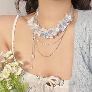 SEEMAY Butterfly Bellflower Necklace Acrylic Flower Lilies of The Valley Chain Choker Fashion Handmade May Bells Pendant Necklace Girls