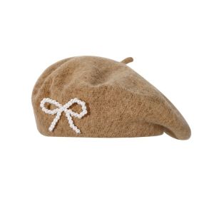 ICNWIEN Pearl Bow Beret Solid Color Knitted Wool Beret Sweet Y2K Beanie Cap Women