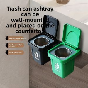 JURHOMIE Wall Hanging Trash Can Stainless Steel Punch-free Wall Mounted Dustbin With Lid Dustproof Can Bathroom Living Room