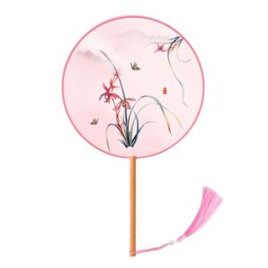 OKDEALS Half Transparent Ancient Style Fan Vintage Printing Long Handle Dance Fan Chinese Style Small Round Round Hand Fan Childrens Summer