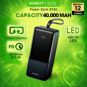 [NEW] Pin Sạc Dự Phòng RT40 Dung Lượng 40.000mAh ROBOT Sạc Nhanh Công Suất 22.5W 3 Cổng Sạc Ra Có Màn Hình Led