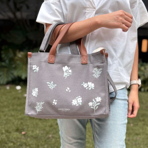 Papercranes Multi-Pocket Tote Floral Botanical Illustrated | Canvas Organizer Rosebud Petals Sage Willow Shoulder Bag SG
