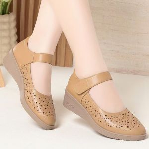 [Free Shipping] Summer Hollow Breathable Wedge Heel Womens Sandals with Soft Sole and Soft Surface 2026 New Model Comfortable Magic Moms Perforated Leather Shoes