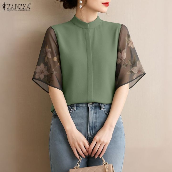 ZANZEA%20Korean%20Style%20Women%20Stylish%20Stand%20Collar%20Short%20Sleeve%20Blouses%20Floral%20Print%20Patchwork%20Daily%20Top%20#1201%20-%20Image%202