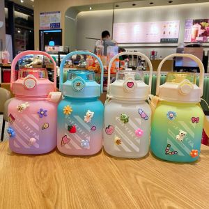 1200ml Water Bottle Free Sticker with Straw Cute Water Bottle Kid Water Bottle Sport Water Bottle Water Bottle with Scale Botol Air Botol Air Viral Tiktok