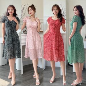 Đầm xòe hoa nhí rút ngực tay phồng bo thun - MS0225
