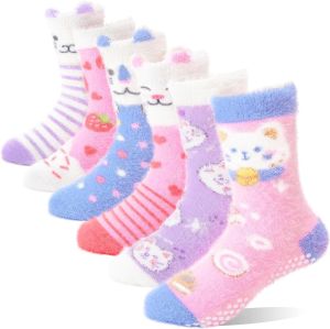LZD ANTSANG Kids Girls Toddlers Fuzzy Grips Socks with Grippers Non Slip Slipper Fluffy Cozy Cabin Plush Warm Crew Socks 6 Pairs
