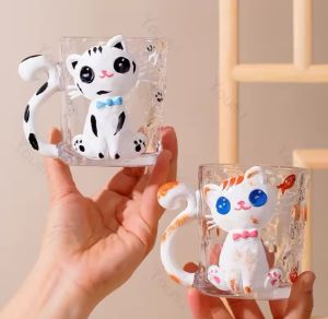 แก้วกาแฟ 300ml แก้วน้องแมว มีหูจับ ลายการ์ตูนแมว ถ้วยลายการ์ตูนลายนูน **พร้อมส่ง**