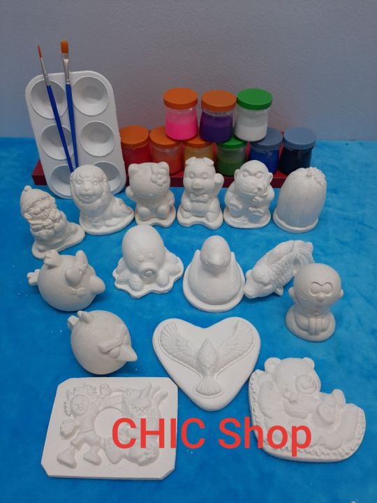 Bộ tượng tô màu thạch cao size 6,5- 10cm cho bé. ( 15 tượng+ 9x20ml màu ...