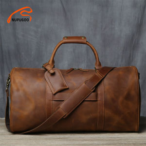 NUPUGOO Retro Mens Hand Luggage Bag For 15 Inch Laptop Geunine Leather Large Capacity Single Shoulder Messenger Travel Bag